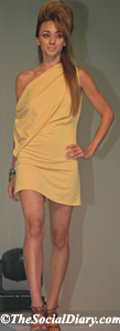 model in bias cut yellow short dress